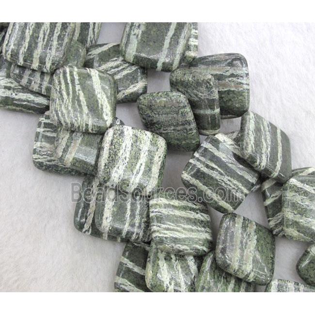 Natural Green Silver-line Jasper Beads, corner-drilled square