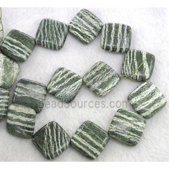 Natural Green Silver-line Jasper Beads, corner-drilled square