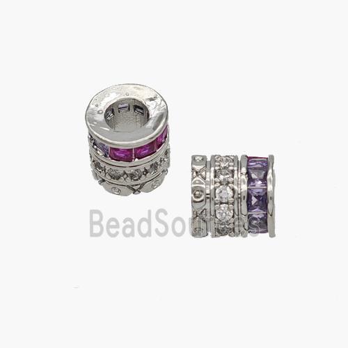 Copper Tube Beads Pave Zirconia Large Hole Platinum Plated