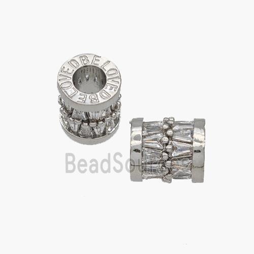 Copper Tube Beads Pave Zirconia Large Hole Platinum Plated