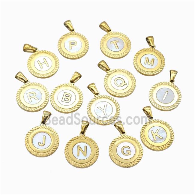 Stainless Steel Letter Pendant Pave Shell Mix Alphabet Gold Plated