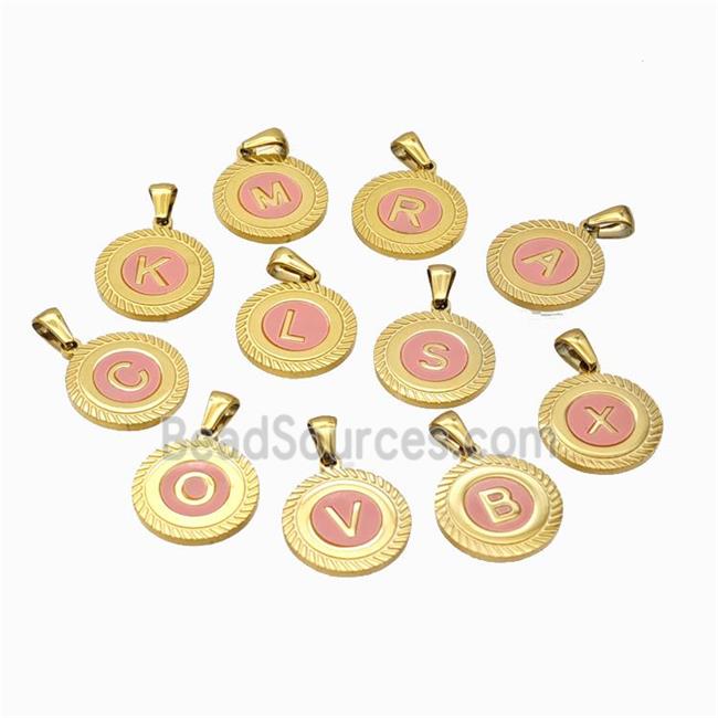 Stainless Steel Letter Pendant Pave Pink Shell Mix Alphabet Gold Plated