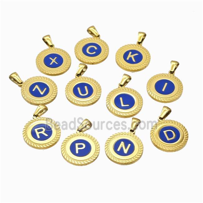 Stainless Steel Letter Pendant Pave Blue Shell Mix Alphabet Gold Plated