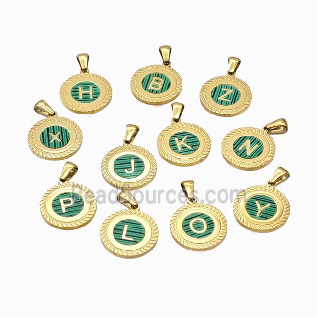 Stainless Steel Letter Pendant Pave Green Shell Mix Alphabet Gold Plated