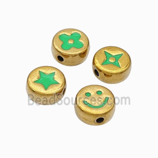 Stainless Steel Symbol Coin Beads Green Enamel Gold Plated Mixed