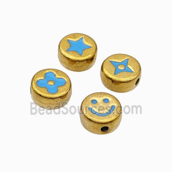 Stainless Steel Symbol Coin Beads Blue Enamel Gold Plated Mixed