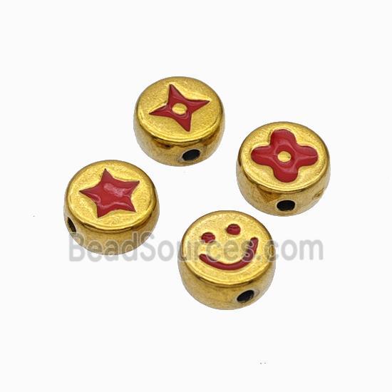 Stainless Steel Symbol Coin Beads Red Enamel Gold Plated Mixed