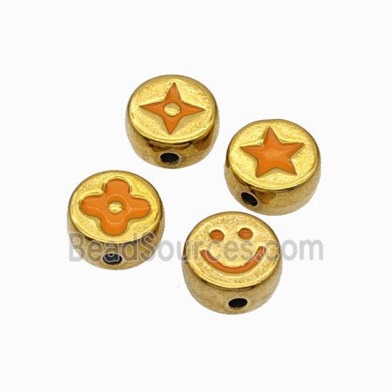 Stainless Steel Symbol Coin Beads Orange Enamel Gold Plated Mixed