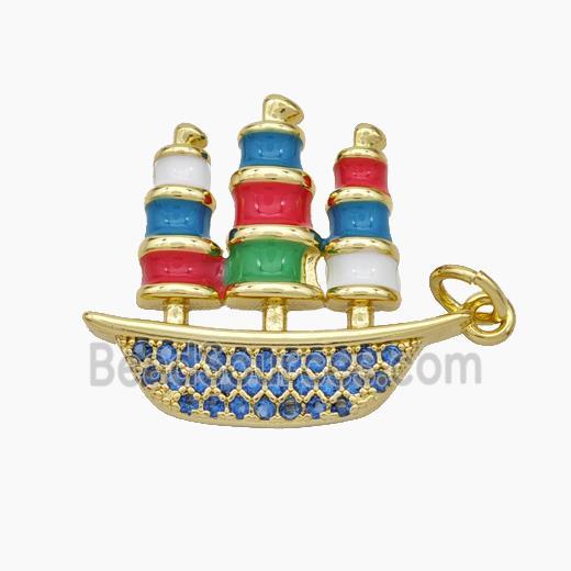 Ship Charms Copper Sailboat Pendant Pave Zirconia Multicolor Enamel Gold Plated