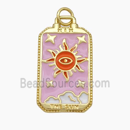 Copper Tarot Card Pendant Pink Enamel Sun Gold Plated