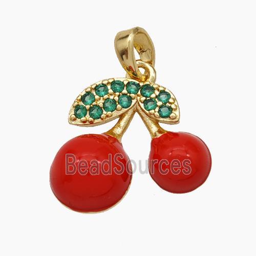 Copper Cherry Pendant Pave Zirconia Red Enamel Gold Plated