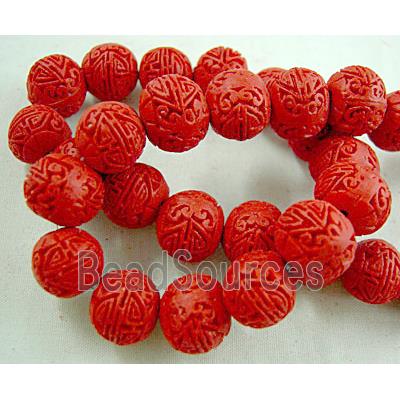 Round Cinnabar (imitation) beads, Carved Flower, vermeil