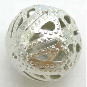 Round Filagree Beads, iron, platinum plated, hollow