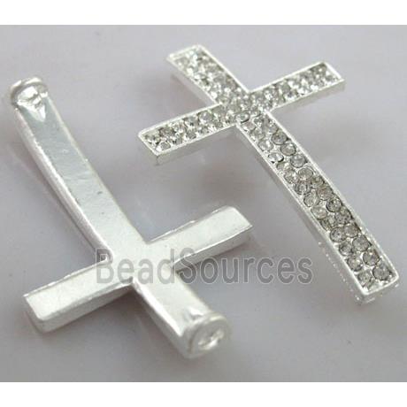 Bracelet bar, cross, alloy connector with rhinestone, duck-silver