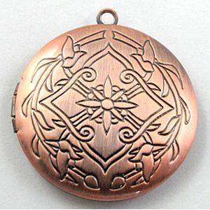 necklace Locket pendant, flat-round, copper, Red copper plated