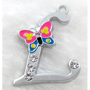 Alphabet pendants, L-letter, enamel butterfly, rhinestone