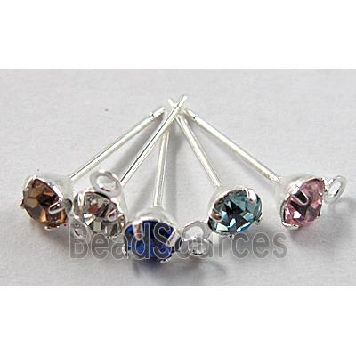 Silver Plated Copper Earring Pin, Nickel Free, mix color rhinestone