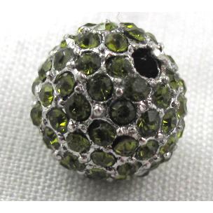 round beads, paved olive rhinestone, alloy, platinum plated