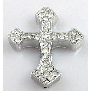 bracelet bar, cross with rhinestone, alloy bead, platinum plated