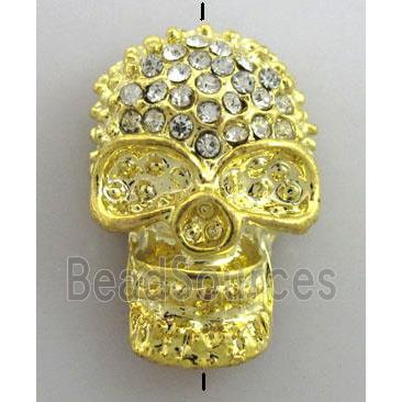 Skull charm, bracelet spacer, alloy bead with rhinestone, gold plated