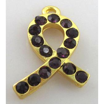 cancer awareness ribbon, alloy pendant with rhinestone, gold plated