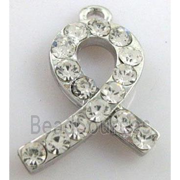 cancer awareness ribbon, alloy pendant with rhinestone, platinum plated