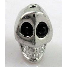 skull charm for bracelet, alloy bead with rhinestone, platinum plated