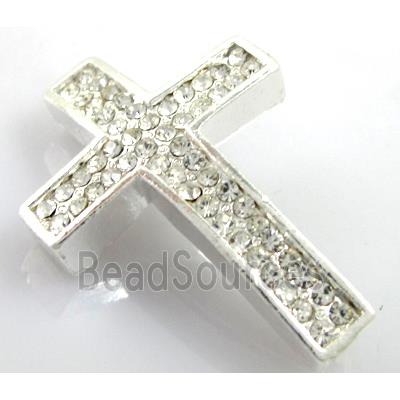 bracelet spacer, alloy cross with rhinestone, silver plated