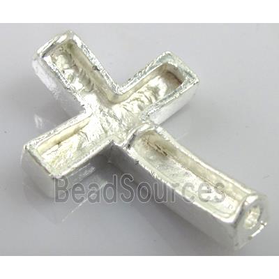 bracelet spacer, alloy cross with rhinestone, silver plated