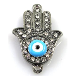 Hamsahand evil-eye bracelet bar, alloy connector with rhinestone, plumbum black