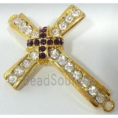 bracelet bar, cross, alloy bead with rhinestone, gold