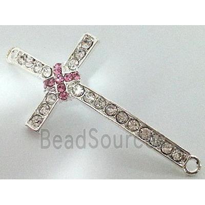 bracelet bar, cross, alloy bead with rhinestone, platinum plated