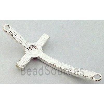 bracelet bar, cross, alloy bead with rhinestone, platinum plated