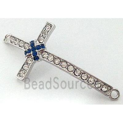 bracelet bar, cross, alloy bead with rhinestone, platinum plated