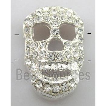 Bracelet bar, alloy bead with rhinestone, skull, silver plated