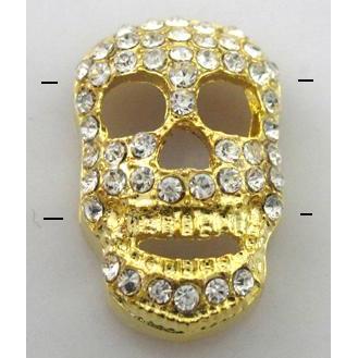 Bracelet bar, alloy bead with rhinestone, skull, gold