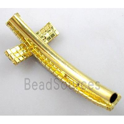 bracelet bar, cross, copper bead with rhinestone, gold