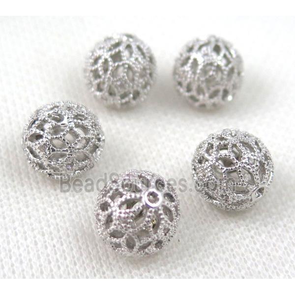 round copper beads pave zircon, platinum plated