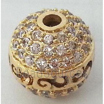 bracelet spacer, copper bead with zircon rhinestone, gold