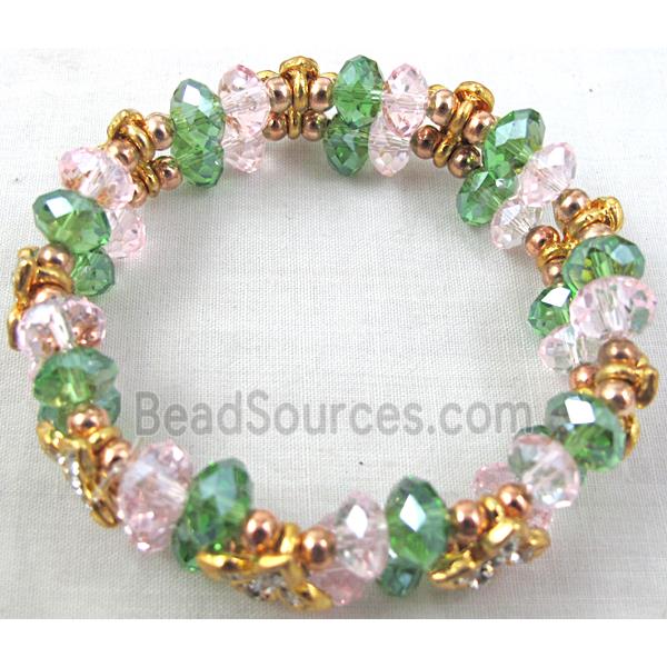 Chinese Crystal Glass Bracelet, rhinestone, stretchy, pink, green