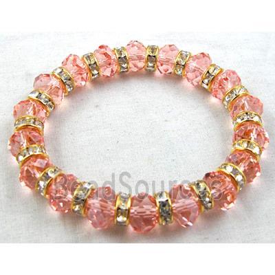 Chinese Crystal Glass Bracelet, rhinestone, stretchy, rose-pink