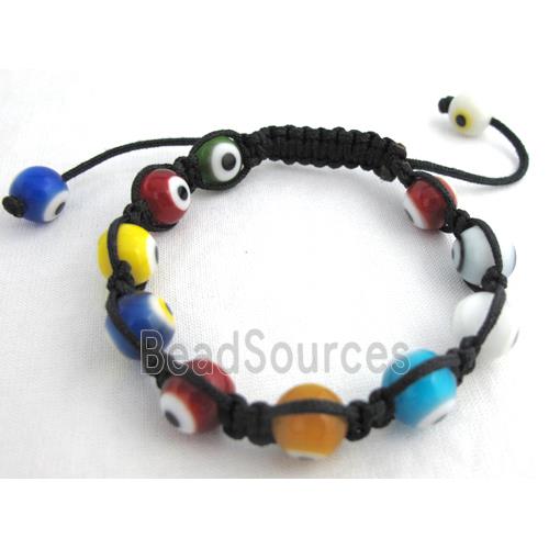 lampwork glass bracelet, evil eye, resizable, colorful