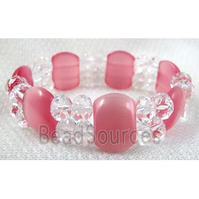 stretchy Bracelet with Chinese crystal beads, cat eye beads, pink