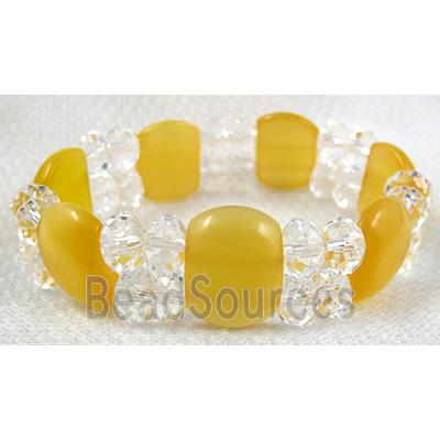 stretchy Bracelet with Chinese crystal beads, cat eye beads, yellow