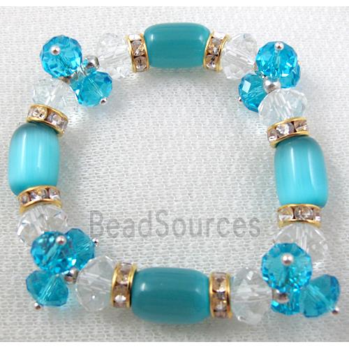 stretchy Bracelet with Chinese crystal beads, rhinestone, cat eye beads, aqua