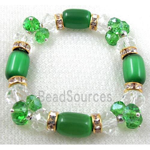 stretchy Bracelet with Chinese crystal beads, rhinestone, cat eye beads, green