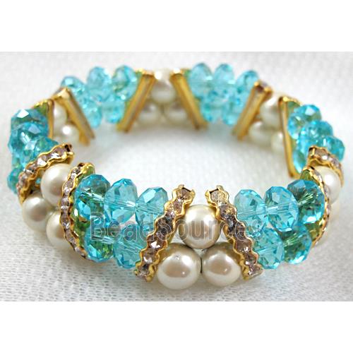 Chinese Crystal Beads Bracelet, stretchy, rhinestone, magnetic hematite, aqua