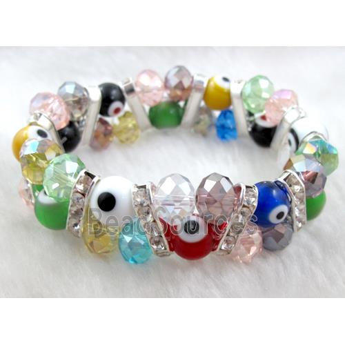 lampwork glass bracelet with crystal beads, stretchy, evil eye