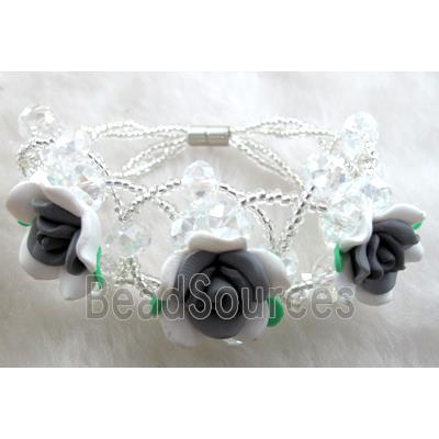 fimo clay bracelet with crystal glass, grey, white