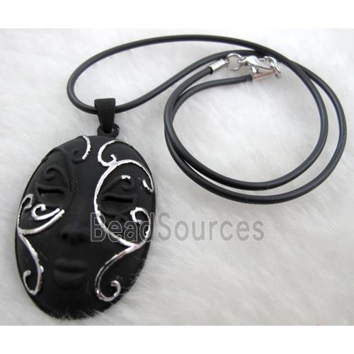 lacquered mask Necklace, alloy, rubber cord, black